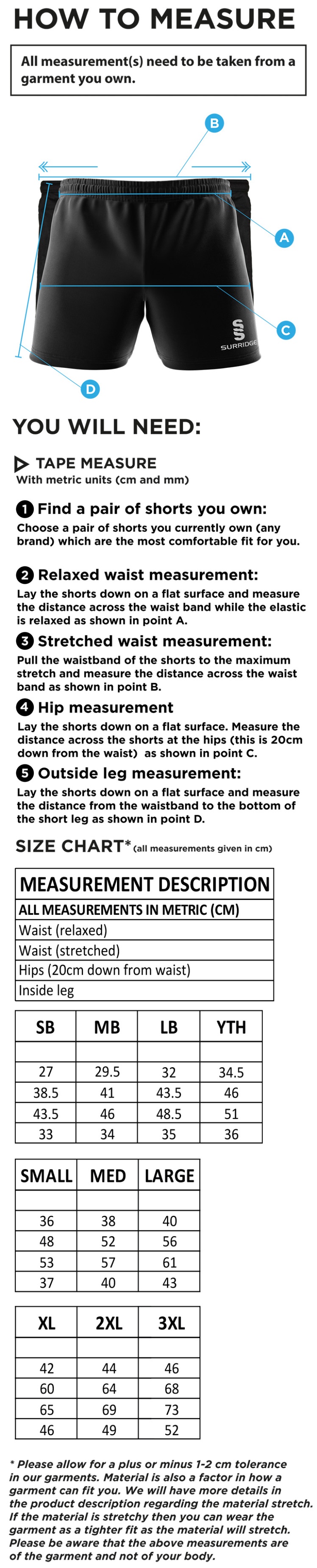 Chirpy's Coaches - Shorts - Size Guide