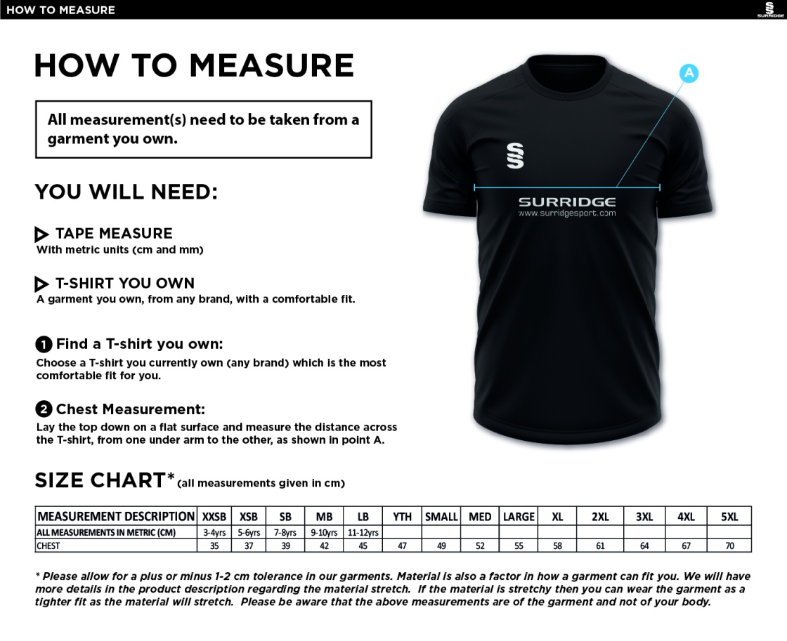 Chirpy's Chiefs - Training Shirt - Size Guide