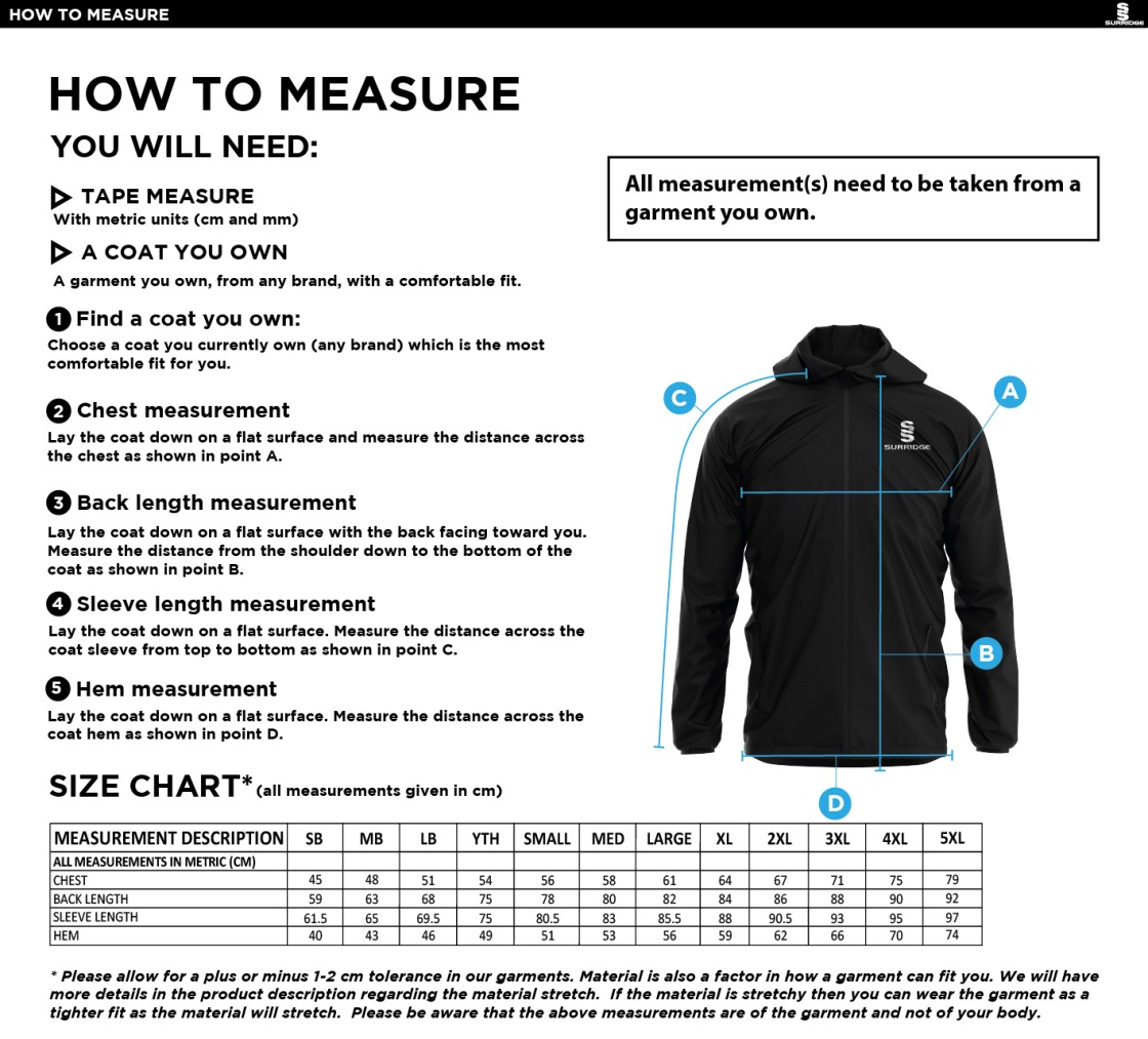 Chirpy's Coaches - Training Jacket - Size Guide