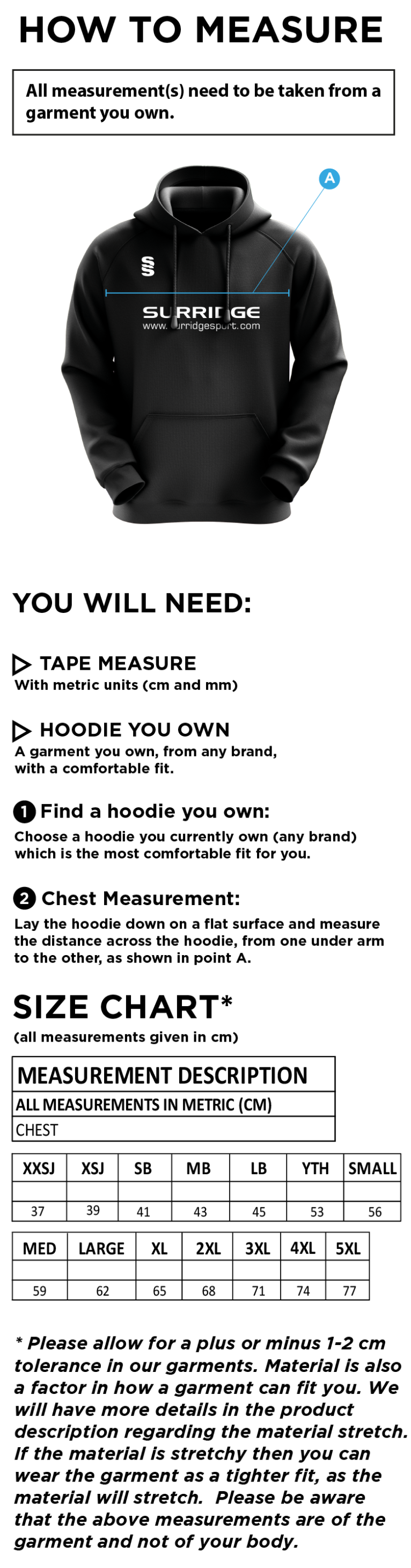 Chirpy's Academy - Hoodie - Size Guide