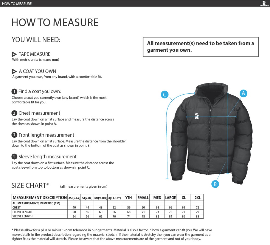 Chirpy's Coaches - Puffer Jacket - Size Guide