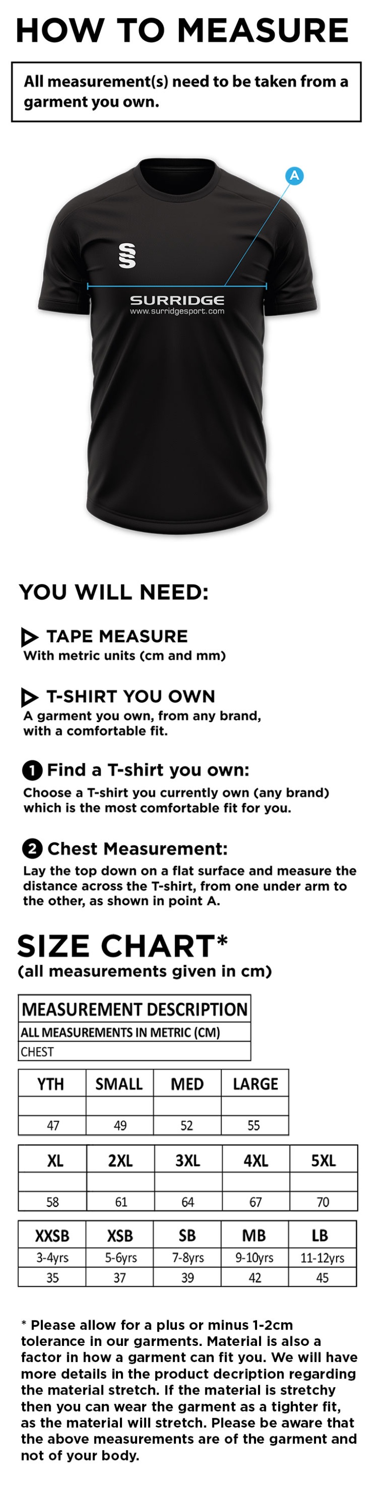 Chirpy's Chiefs - Training Shirt - Size Guide