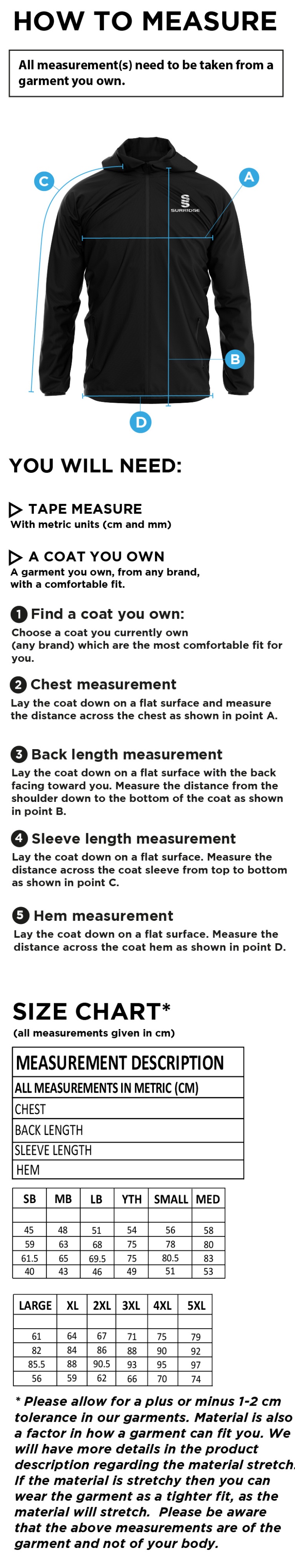 Chirpy's Academy - Training Jacket - Size Guide