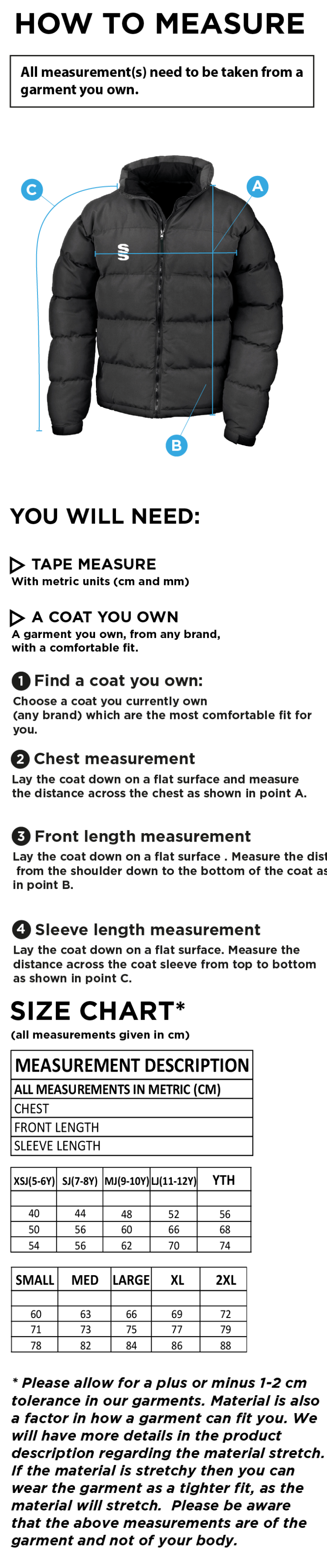 Chirpy's Coaches - Puffer Jacket - Size Guide