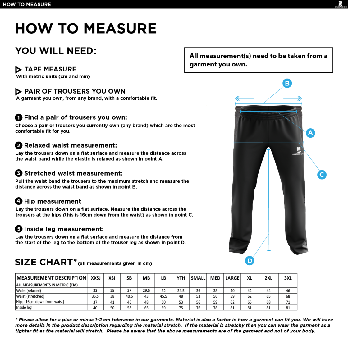 Chirpy's Cricket - Coaches Track Pants - Size Guide