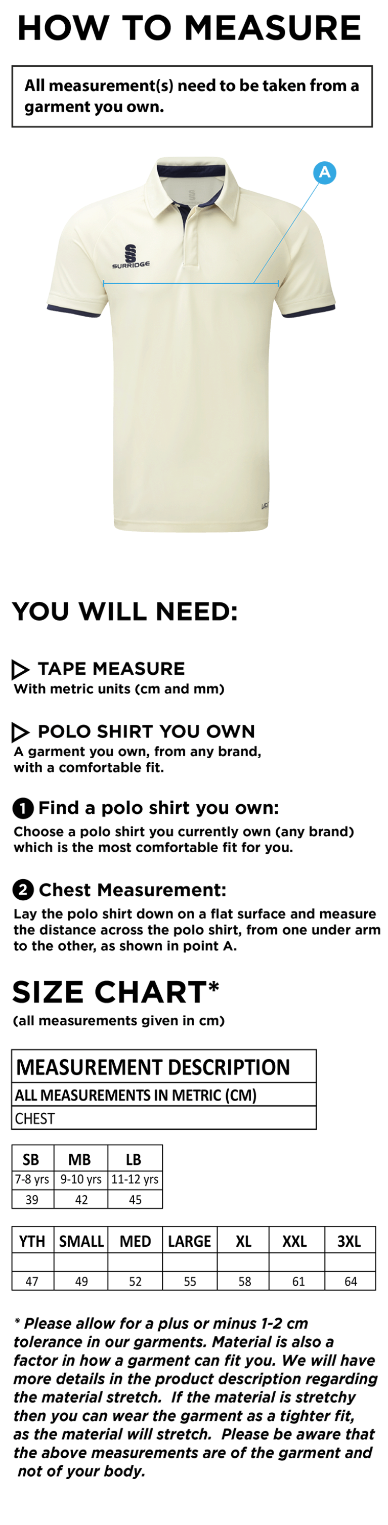 Chirpy's Chiefs - Short Sleeve Shirt - Size Guide